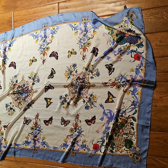 Floral and Butterfly Silk Print Scarf with Blue Border - Picture 5 of 5